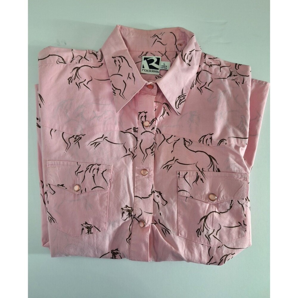 Rockies Women's Pink Running Horses Long Sleeve Pearl Snap Shirt Sz L Button Up
